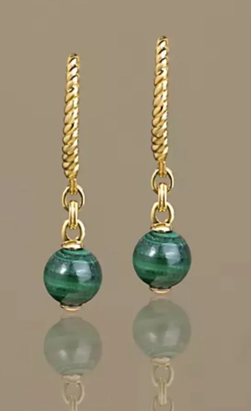 Christian James Sterling Silver Gemstone Bead Earrings, Malachite, 14K Clad